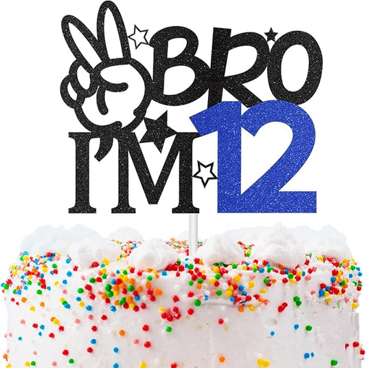 Bro I'm 12 Cake Topper, 12th Birthday Decorations for Boy, Glitter Funny 12th Birthday Cake Topper, Big Brother 12 Year Old Birthday Party Decoration Supplies