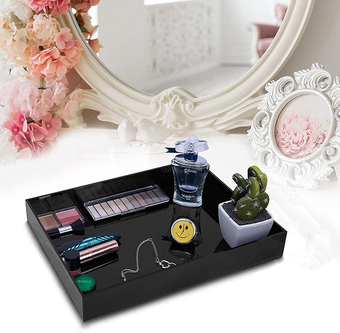 Waterproof Acrylic Vanity Tray, Sturdy Valet Tray Organizer, 10.2 x 8.5 x 1.8 Inch Jewelry Tray, Black