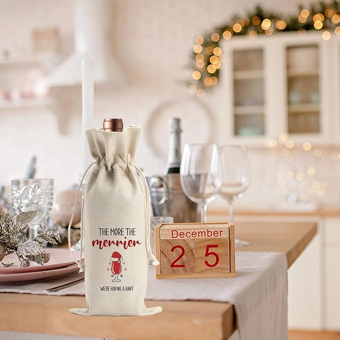 Christmas Pregnancy Announcement Wine Bags for Wine Bottles Gifts Grandparents Christmas Gift Wine Bottle Cover Drawstring Gift Bags Burlap Wine Bag for Xmas Baby Announcement Party Decorations