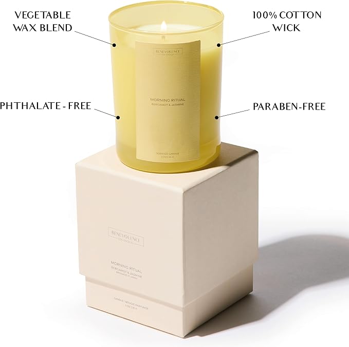 Bergamot & Jasmine Scented Candle | 11oz, 60 Hour Burn | Natural Soy Wax, Cotton Wick | Holiday Candles | Christmas Scented Candles for Home | Benevolence LA Sun-Kissed Collection - Morning Ritual
