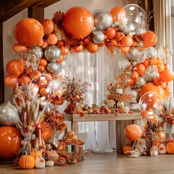 Orange Silver Balloon Double Stuffed Burnt Orange Metallic Silver Balloons Different Sizes Latex Balloons Garland for Fall Thanksgiving Birthday Baby Shower Halloween Anniversary Party Decorations