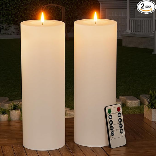 12" x 4" Large Outdoor Candles with Timer Waterproof Flickering LED Flameless Candles Battery Operated with Remote Fake Pillar Candles Realistic for Patio Porch Lanterns, White 2 Pack