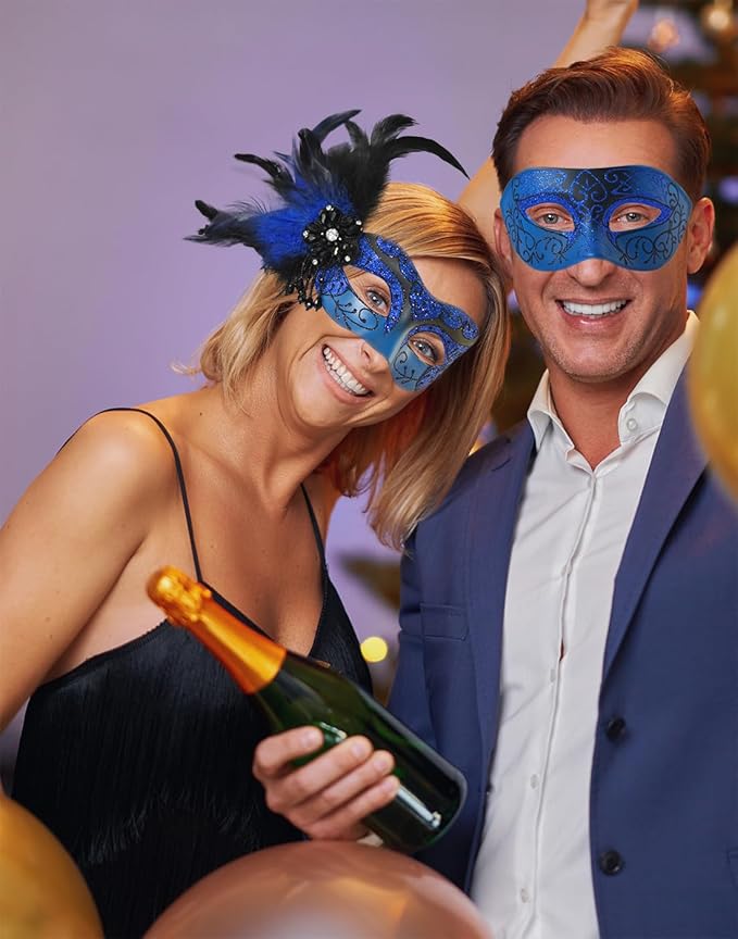 Blue Masquerade Mask for Couple -Mascarade Masks for Women with Feathers & Venetian Mask Men for Masquerade Party, Mardi Gras, Halloween Cosplay Prom, Christmas