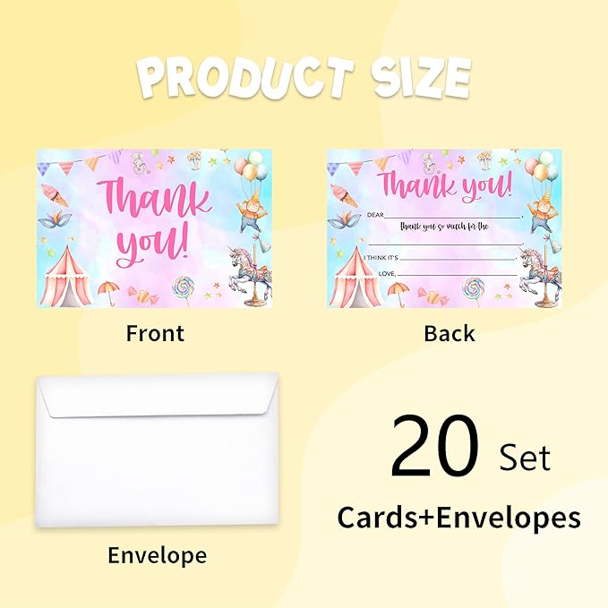 Kids Thank You Card, Carnival Theme Thank You Notes, Circus Greeting Card With Envelope, Birthday Wedding Graduation Christmas Party Favors Supplies Decor(20 Pcs)-02