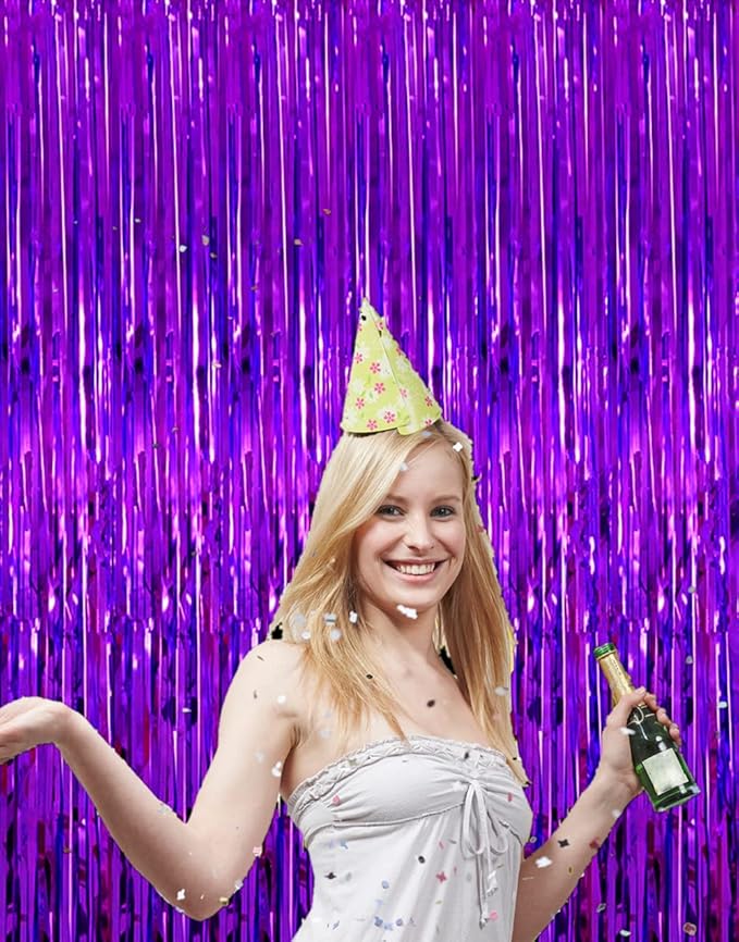 i-CHONY Purple Metallic Tinsel Foil Fringe Curtains,2pcs 3.2ft x 8.2ft Purple Backdrop Party Streamers for Birthday Wedding Engagement Bridal Shower Baby Shower Bachelorette Party Decorations