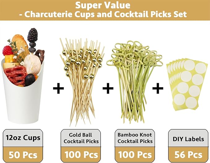 CAMKYDE 50 Charcuterie Cups + 200 Cocktail Picks + 56 Labels, 12 oz Disposable Charcuterie Cups with Sticks (2 Types), French Fry Cup White Paper Appetizer Cup for all Occasions（White）