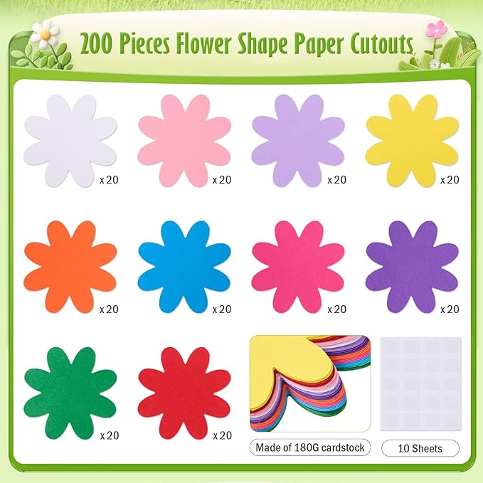 MixTeach 200 Pcs Colorful Flower Cutouts Paper Daisy Shape Cut-Out Summer Flower Die Cuts 4 Inch Bulletin Board Decorations with Glue Points for Classroom Back to School Office Wall Decor DIY Craft