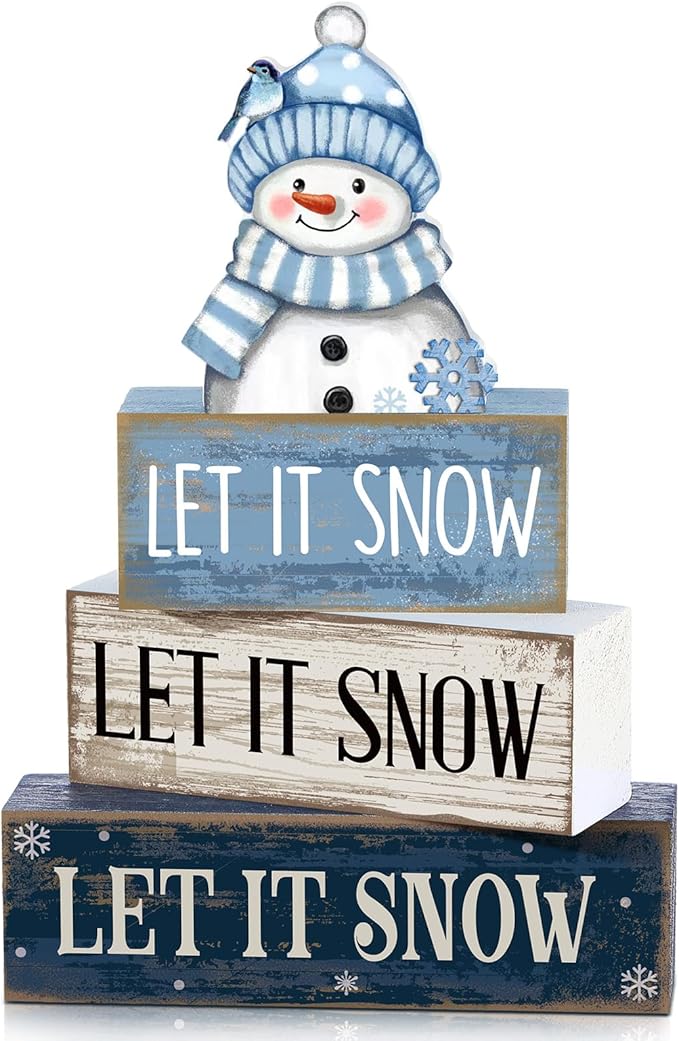 4 Pcs Christmas Table Decoration Wooden Snowman Winter Tiered Tray Decor Christmas Centerpiece Decorative Snowman Block Sign Gift Winter Decoration for Home Kitchen Shelf Office
