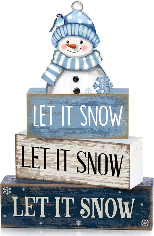 4 Pcs Christmas Table Decoration Wooden Snowman Winter Tiered Tray Decor Christmas Centerpiece Decorative Snowman Block Sign Gift Winter Decoration for Home Kitchen Shelf Office