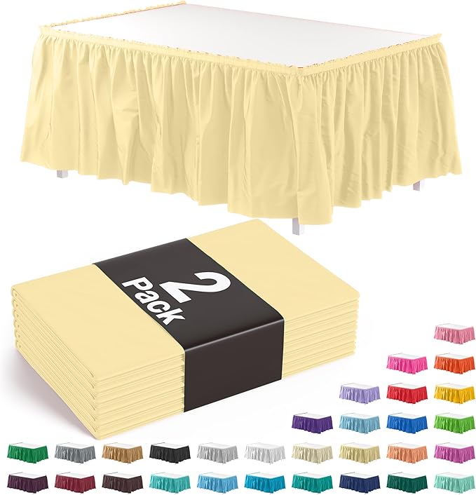 Exquisite Ruffle Table Skirt Light Yellow 2 Pack 14 Ft Long Table Skirts for Rectangle Tables 6ft Plus or Round Tables Skirts with Adhesive Strip for Gender Reveal Decor & Happy Birthday Parties