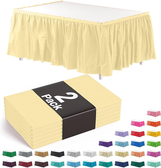 Exquisite Ruffle Table Skirt Light Yellow 2 Pack 14 Ft Long Table Skirts for Rectangle Tables 6ft Plus or Round Tables Skirts with Adhesive Strip for Gender Reveal Decor & Happy Birthday Parties