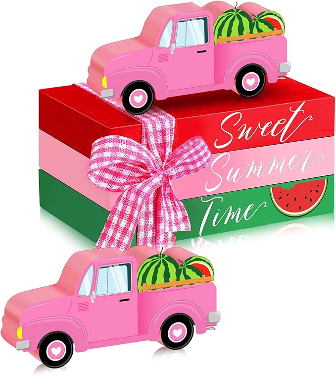 Chunful 4 Pcs Watermelon Tiered Tray Decor Mini Summer Decor Summer Table Decorations Wooden Decorative Books Stack for Home Kitchen Party Shelf Farmhouse Accessories(Watermelon)