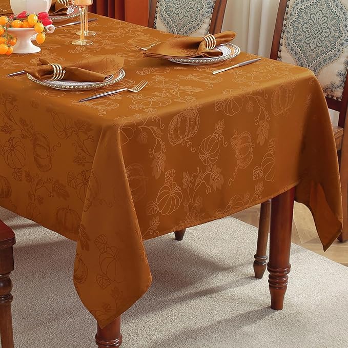 SASTYBALE Thanksgiving Tablecloths for Rectangle Tables Jacquard Fall Table Cloth with Pumpkins and Vines Stain Resistant Table Cover for Autumn Harvest, Dining, Party Decor (60 x 120 Inch, Brown)