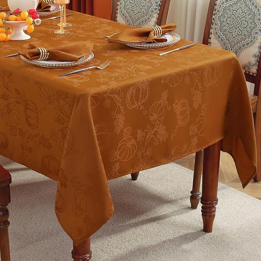 SASTYBALE Thanksgiving Tablecloths for Rectangle Tables Jacquard Fall Table Cloth with Pumpkins and Vines Stain Resistant Table Cover for Autumn Harvest, Dining, Party Decor (60 x 120 Inch, Brown)