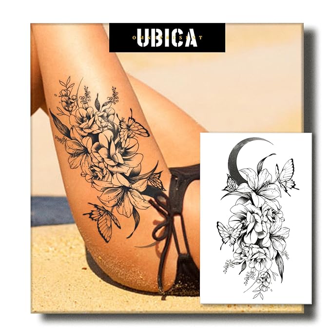 2 Sheets Semi Permanent Tattoos, Temporary Tattoo for Women, Lasts 7-15 Days Water-Resistant Fake Tattoo Stickers, Realistic Flower Design for Party (7.5x4.8 in), Non-Reflective & Safe for Skin