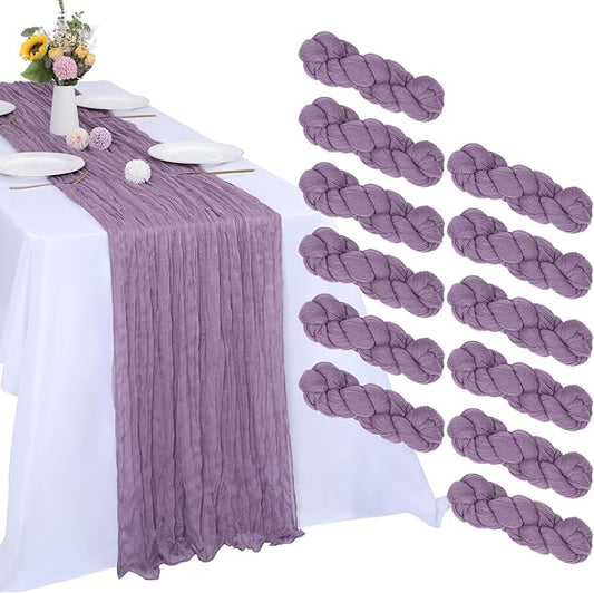 12 Pack Grape Cheesecloth Table Runner 10FT Boho Gauze Fabric Table Runner 35 x 120 Inch Rustic Sheer Runner for Centerpiece Wedding Decor Baby Shower Party Boho Table Decoration(Grape)