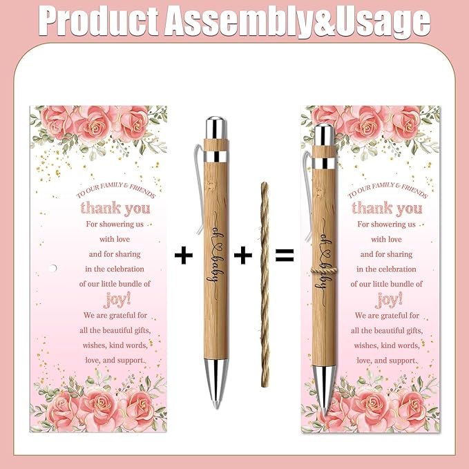 Toerifer 30 Pcs Floral Baby Shower Gifts, Gender Reveal Favors for 30 Guest, Baby Shower Sets, Included Bamboo Pens Thanks Cards, Gender Reveal Souvenirs Prizes, Pink Flower Girls Party Decorations
