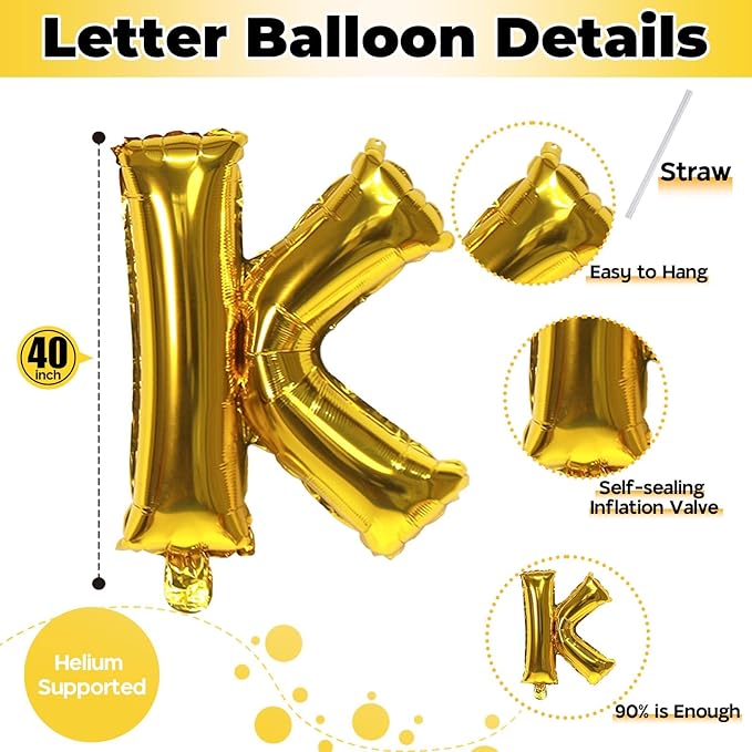 Giant K Alphabet Name Balloon, Gold Self Inflating Custom Letter Balloons Birthday Decor, 40 Inch Helium Mylar Foil Word Balloons Letters for Girls Men Anniversary Party Graduation Decoration Supplies