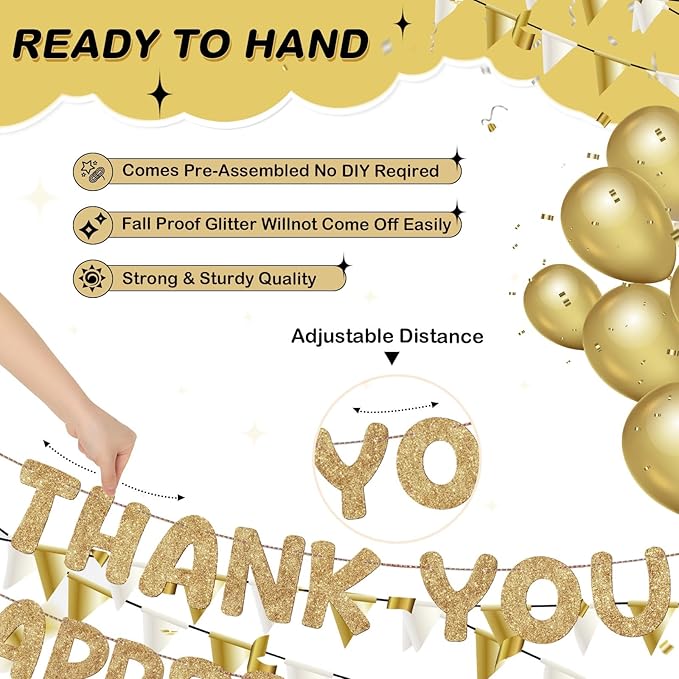 Fulmoon Pre Strung Thank You We Appreciate You Glitter Banner Funny Appreciation Banner for Employee Coworker Staff Teacher Thank Sign Party Decorations(Champagne Gold)