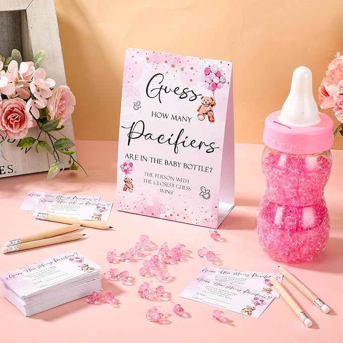 Roowest 512 Pcs Baby Shower Games Guess How Many Pacifiers Sign 100 Small Guessing Games 10 HB Pencils 750ml Milk Bottle 400 Acrylic Pacifiers Decoration for Guest Gender Reveal(Pink,Bear)