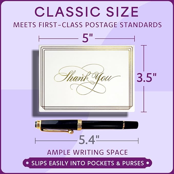 ukee's 100-Pack Luxury Thank You Cards with Envelopes Bulk - Blank Thank You Cards | Dual Gold Foil Calligraphy & Borders, 4 Colors w/Gift Box For Wedding Notes/Small Business/Baby & Bridal Shower, 3.5x5 Inches