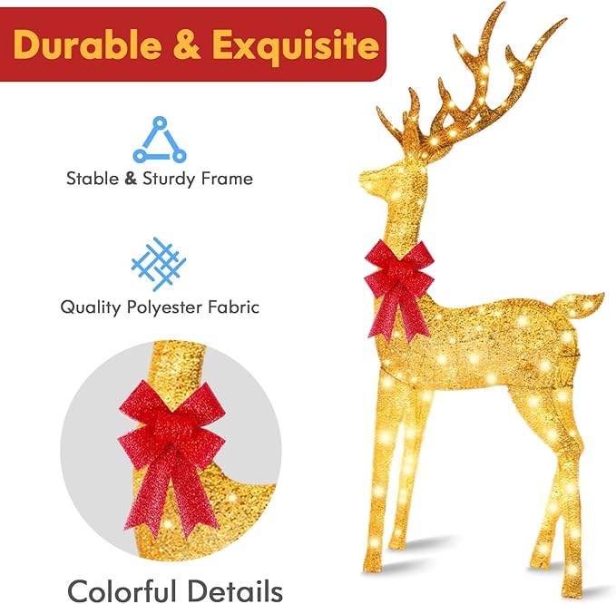 3-Piece Reindeer Outdoor Christmas Decoration, 6.7FT Large Lighted Christmas Deer Family Set, Outdoor Reindeer Xmas Decorations Yard with 400 LED Lights, Stakes, Zip Ties - Gradient Gold
