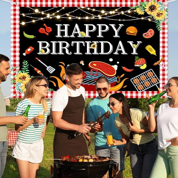 BBQ Birthday Party Decorations Large BBQ Happy Birthday Banner Red and White Gingham Picnic Banner Backdrop for BBQ Birthday Barbecue Party Supplies Yard Outdoor 7x5ft