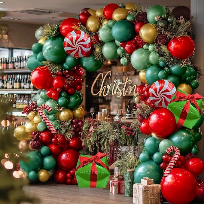 Green and Red Christmas Balloons Double Stuffed Pearl Dark Red Green Gold Balloon Garland Arch Kit Candy Cane Box Balloons for Happy Christmas Holiday New Year Birthday Party Decorations