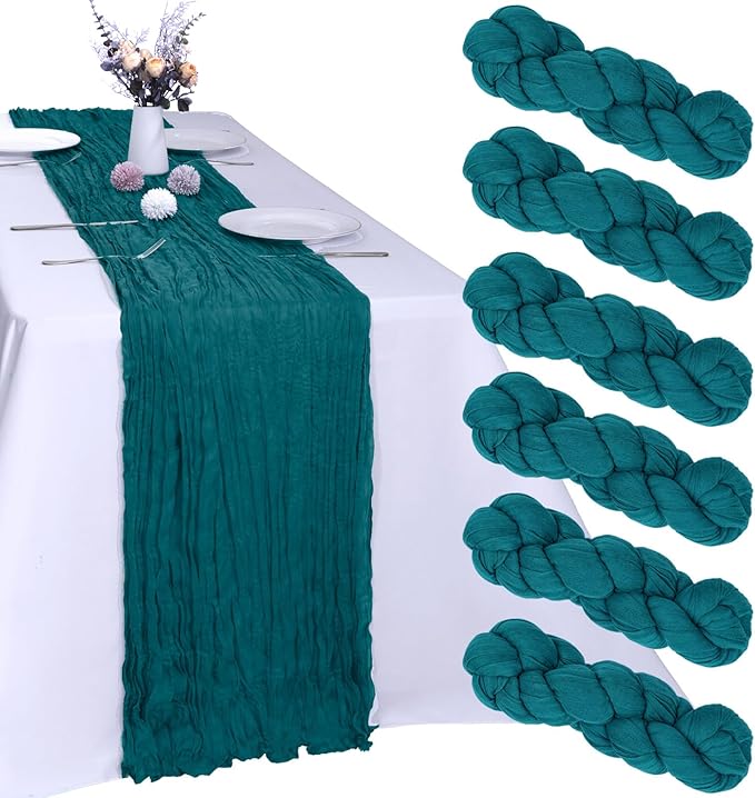 6 Pack Teal Cheesecloth Table Runner 10FT Boho Gauze Fabric Table Runner 35 x 120 Inch Rustic Sheer Runner for Centerpiece Wedding Decor Baby Shower Party Boho Table Decoration(Teal)