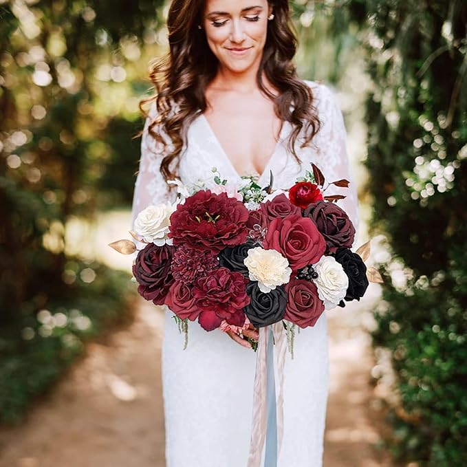 Roses Artificial Flowers Burgundy Fake Flower Bulk with Stems for DIY Wedding Bouquet Bridal Baby Shower Centerpiece Table Decorations Silk Faux Floral Arrangements Party Home Decor Red Black