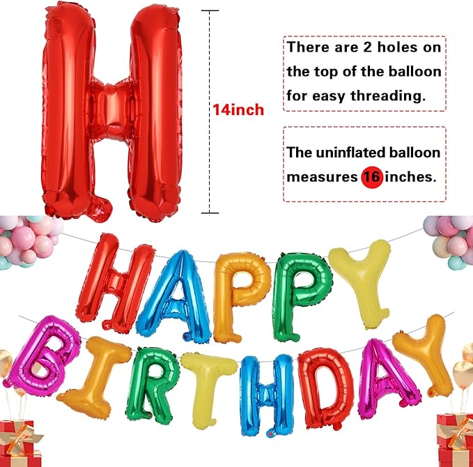 Accevo 7 Color Rainbow Happy Birthday Balloons Banner 16 Inch Mylar Foil Letters Balloons Happy Birthday Sign Banner for Kids, Child, Adults, Boys & Girls Birthday Party Decorations Balloon Supplies