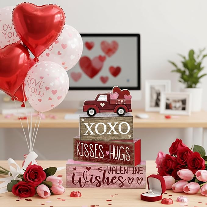 4 Pcs Valentine's Day Table Decoration Wooden Heart Truck Decor Valentine Tiered Tray Decor Valentine's Day Centerpiece Rustic Decorative Truck Block Sign Farmhouse for Home Kitchen Shelf