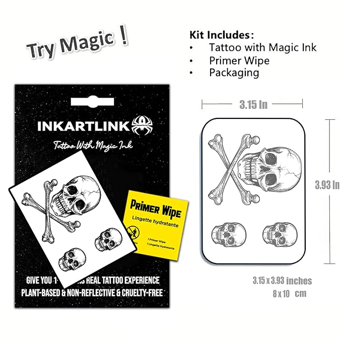 INKARTLINK Semi-Permanent Tattoo Stickers, Cool Boy Party Skull Tattoos, Exquisite and Realistic Designs, Fun Tattoo Experience, Non-reflective, Waterproof (Jolly Roger)