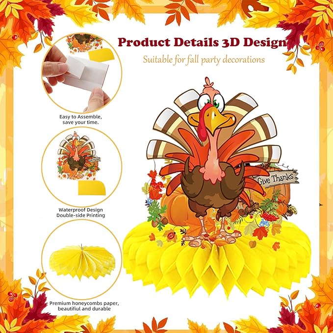 Thanksgiving Table Decorations Centerpieces 9pcs Friendsgiving Table Decorations Fall Centerpieces Turkey Centerpieces for Tables Thanksgiving Honeycomb Table Decorations for Fall Pumpkin Party