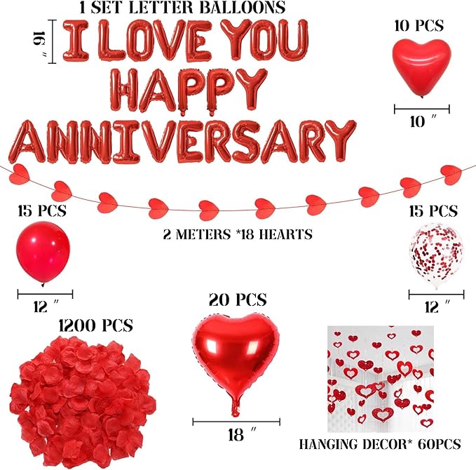 Red Happy Anniversary Decorations I LOVE YOU Letter Balloons - 1200pcs Red Artificial Rose Petals 16" Letter Balloons 18" Heart Foil Balloons Latex balloons heart balloons Hanging Swirls Heart Banner