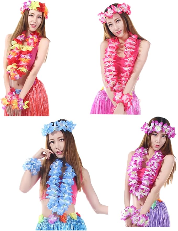 Hawaiian Leis Set,Hawaiian Luau Flower Leis Necklace Headband Bracelets Set,Essential Party Decorations for Birthday, Graduation, and Wedding Celebrations (Pink)
