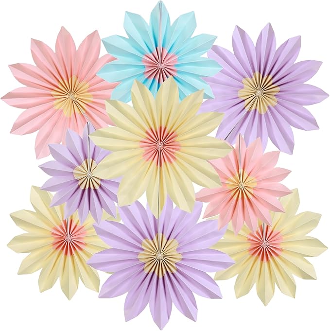 Homarkable 9 PCS Pastel Paper Flower Decorations,Yellow,Pink and Purple Pastel Party Decorations,Sunflower Folding Paper Fans,Classroom Decoration Paper Floral Backdrop Decor Paper Fans Decoration