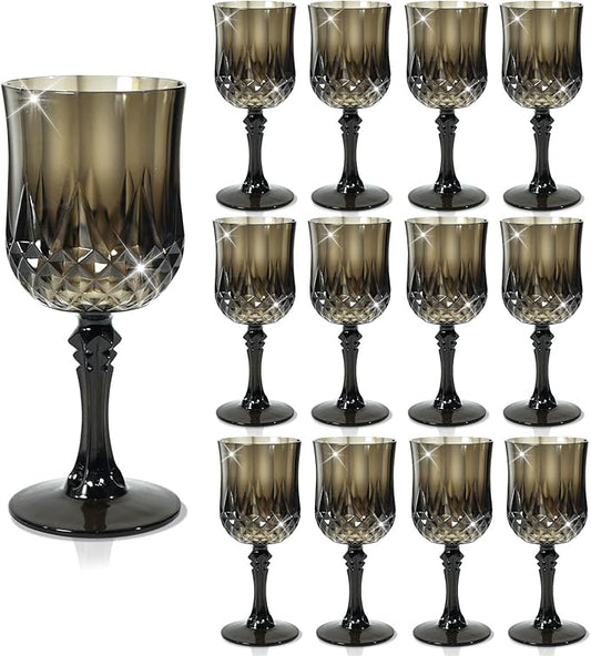 12 Pcs Black Wine Glasses, Plastic Goblets Vintage Style Cordial Drinking Glasses, Vintage Black Drinking Glasses Champagne Glassware for Wedding Reception Grand Event Party, 7Oz