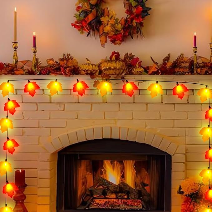 Maple Leaf Fall Lights 8.5Ft – LED String Lights with 10 3D Orange Yellow Leaves for Autumn Home, Kitchen, Table, Mantel & Thanksgiving Decor