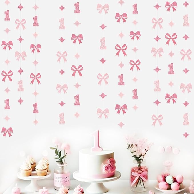 Pink Bow One Birthday Decorations Pink Glitter Paper Star Bow 1st Hanging Garland Streamer Banner for Happy First Birthday Baby Girl Bday Decor or 1st Anniversary Party Decorations Supplies