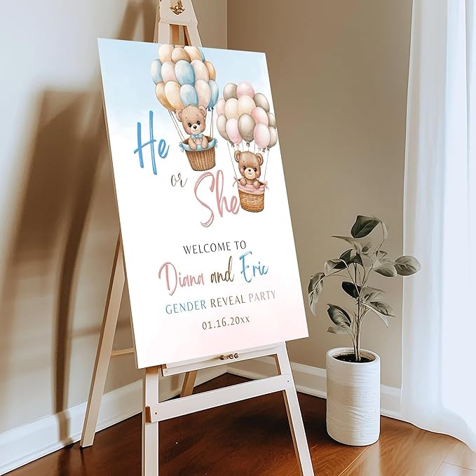 Gender Reveal Welcome Sign – Teddy Bear Balloon Theme,Personalized Teddy Bear Gender Reveal Welcome Sign, He or She Yard Sign, Boy or Girl Gender Reveal Sign, We Can Bearly Wait Gender Reveal .9