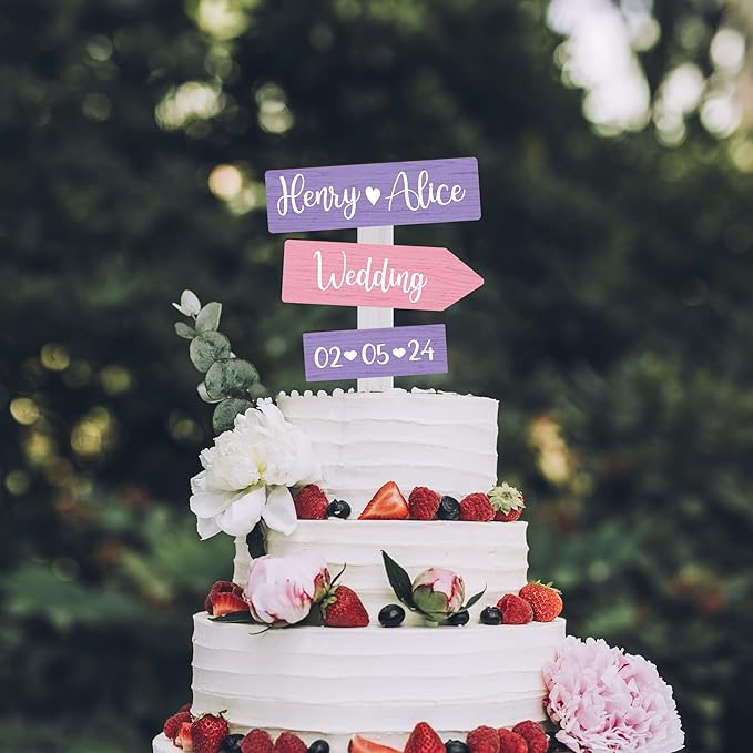 Personalized Rustic Wedding Cake Topper in Wood Custom Bride & Groom Names Initials Wedding Date Cake Decoration (Lavender)