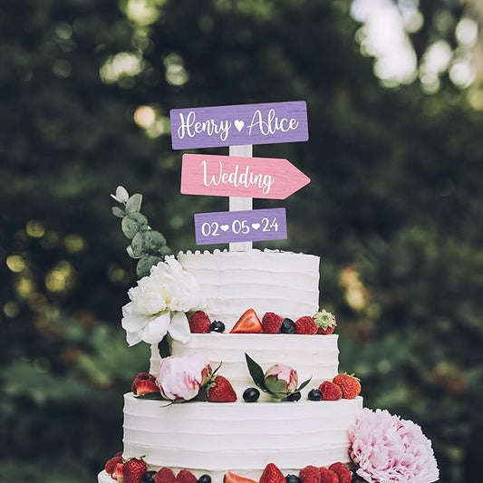 Personalized Rustic Wedding Cake Topper in Wood Custom Bride & Groom Names Initials Wedding Date Cake Decoration (Lavender)