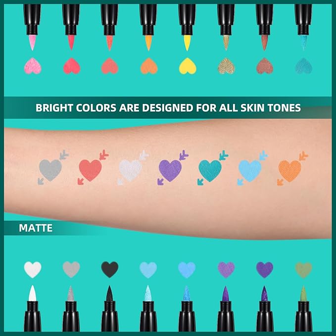 Temporary Tattoo Markers for Skin, 16-Count Body Markers+77 Large Tattoo Stencils of Assorted Colors for kids and Adults, Flexible Brush Tip, Bright colors, Skin-Safe*, Cosmetic-Grade.
