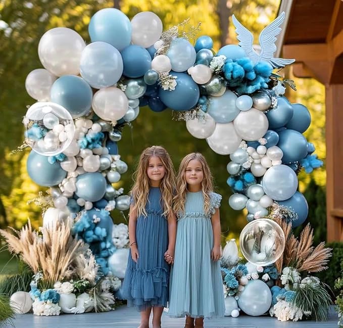Dusty Blue and White Balloons Garland Double Stuffed Pearl Light Blue Bobo Balloon Arch Kit for Birthday Baby Shower Wedding Bridal Cinderella Frozen Winter Party Decorations