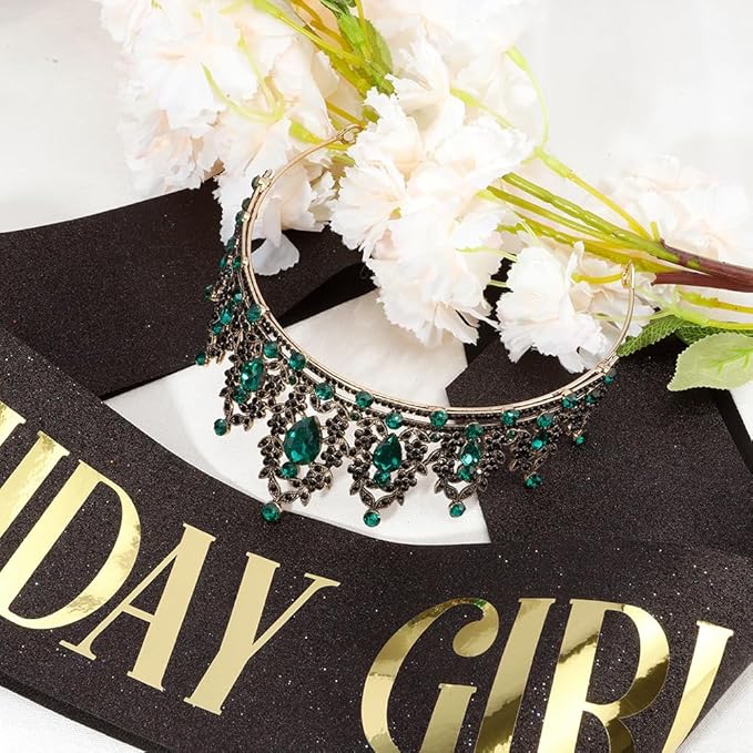 Crown Gold Birthday Hairbands for Women: Baroque Style, Alloy Metal, Rhinestone, Black+Green, Women's, Women celebrating special occasions