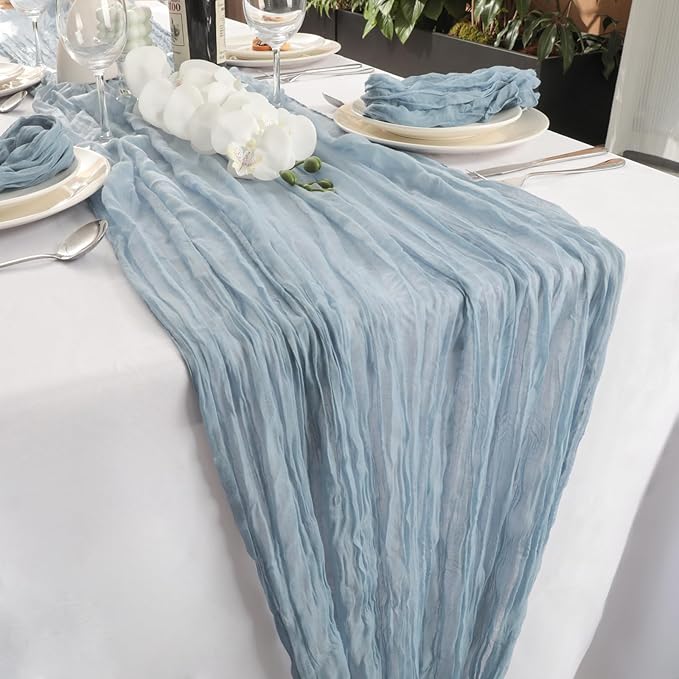 NESCCI 2 PCS Dusty Blue Table Runner,Rustic Boho Cheesecloth Table Runner,35x120 Inches Dusty Blue Runners for Tables, Pefect for Mothers Day Wedding Baby Shower Birthday Party Home Decorations