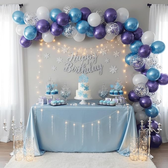 Blue Purple Snowflake Balloons Set, 12 Inch Metallic Blue Purple Balloon Snowflake Confetti Latex Balloons Metallic Silver Girls Birthday Party Decoration for Children Winter Birthday Party Supplies
