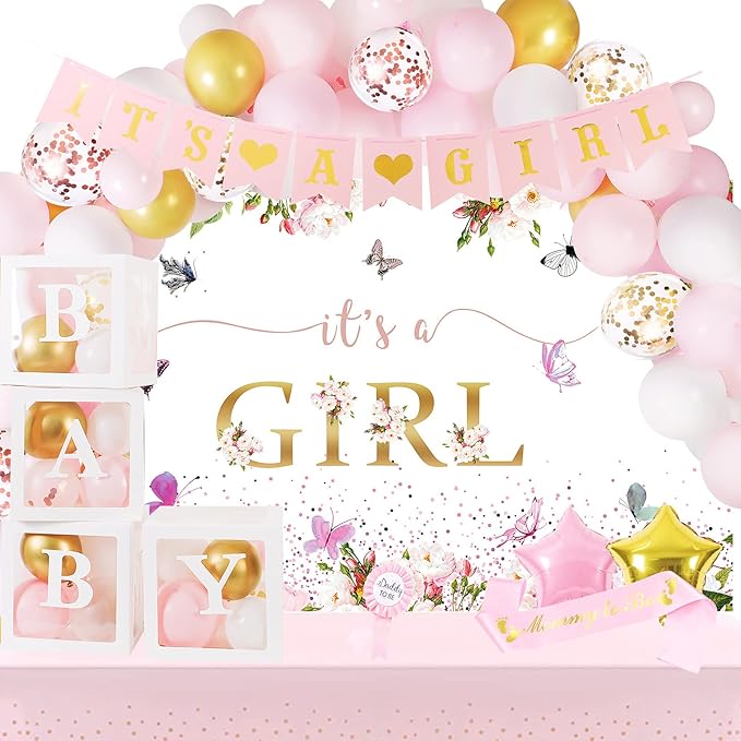 Pink Gold Baby Shower Decor Kit with It's a Girl Backdrop Banner, Balloons, Pink Balloon Garland, Tablecloth and Sash