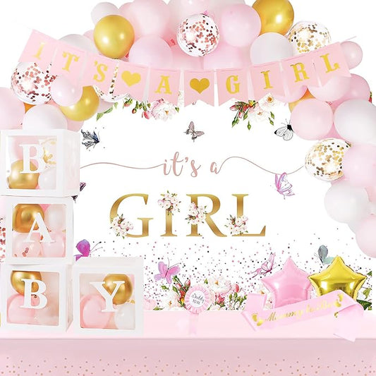 Pink Gold Baby Shower Decor Kit with It's a Girl Backdrop Banner, Balloons, Pink Balloon Garland, Tablecloth and Sash